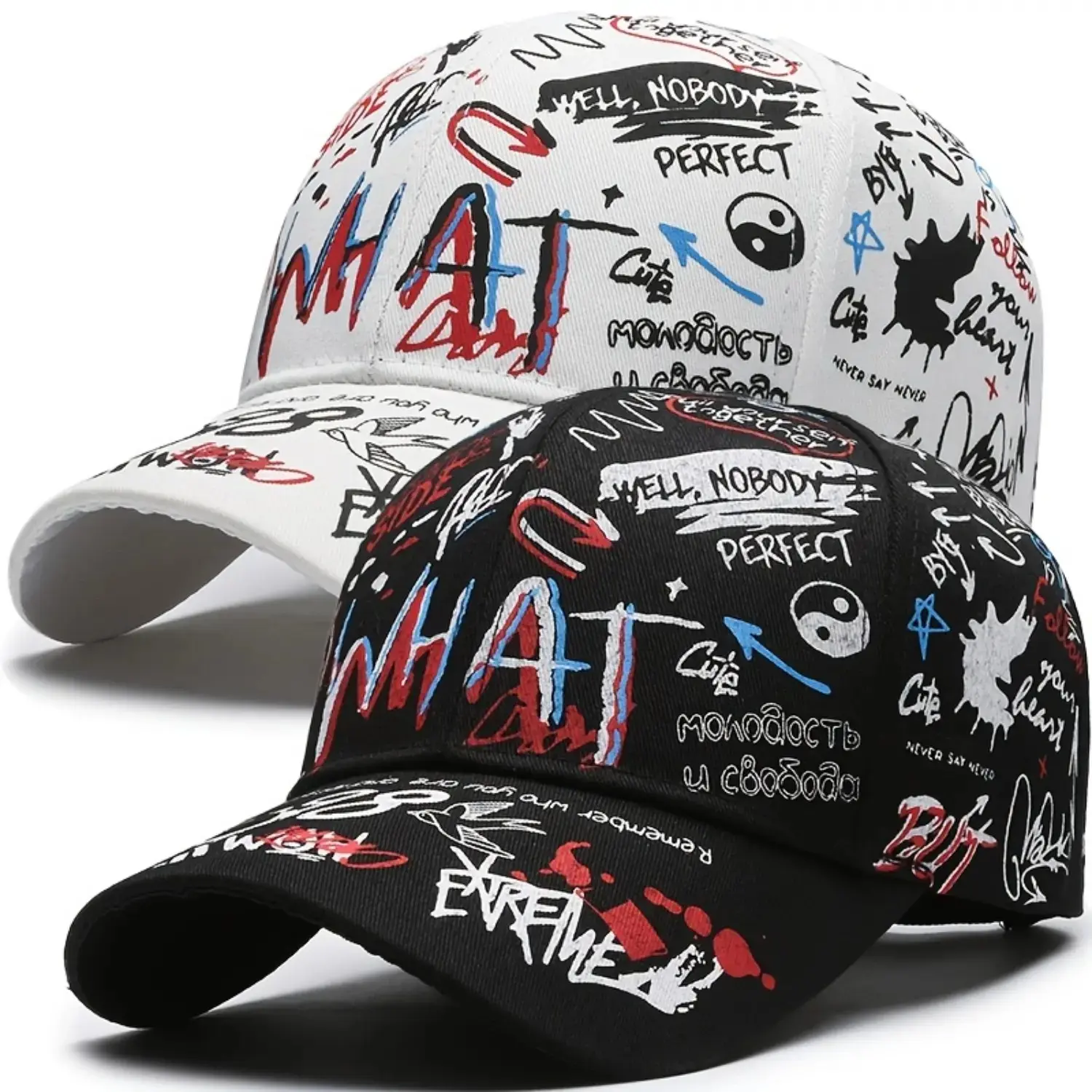 2Pcs Graffiti Solar Protection Baseball Cap - Black Print, Curved Brim, Retro Streetwear, Round-Top Design - All-Year Outdoor Casual Sports Travel Hat with Summer Vibes, Black Print Hats, Curved Brim Hats