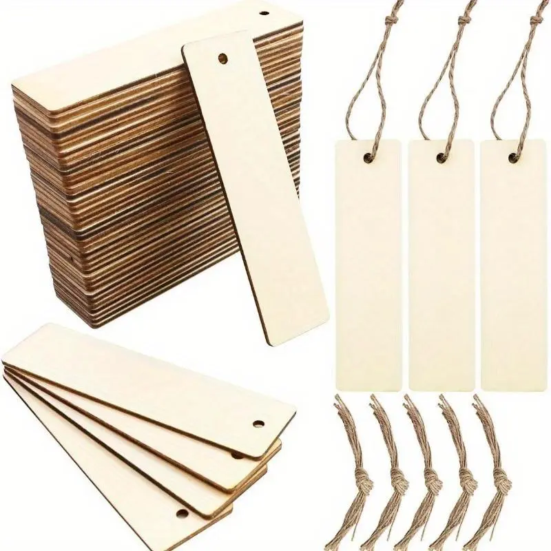 50sets Wooden Blank Bookmarks DIY Wooden Craft Bookmarks Wooden Laser-cut Wooden Pendants Wooden Square Tags