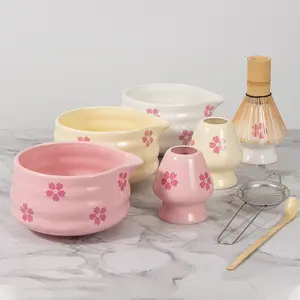 5-Piece Japanese Matcha Bowl Set with Spout, Includes Whisk, Stand, Bamboo Scoop, Stainless Steel Sieve, Perfect Gift for Tea Lovers, Tea Making Tools