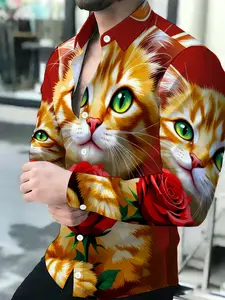 Orange Cat Green Eyes Red Rose Print Men's Breathable Lapel Long Sleeve Cardigan