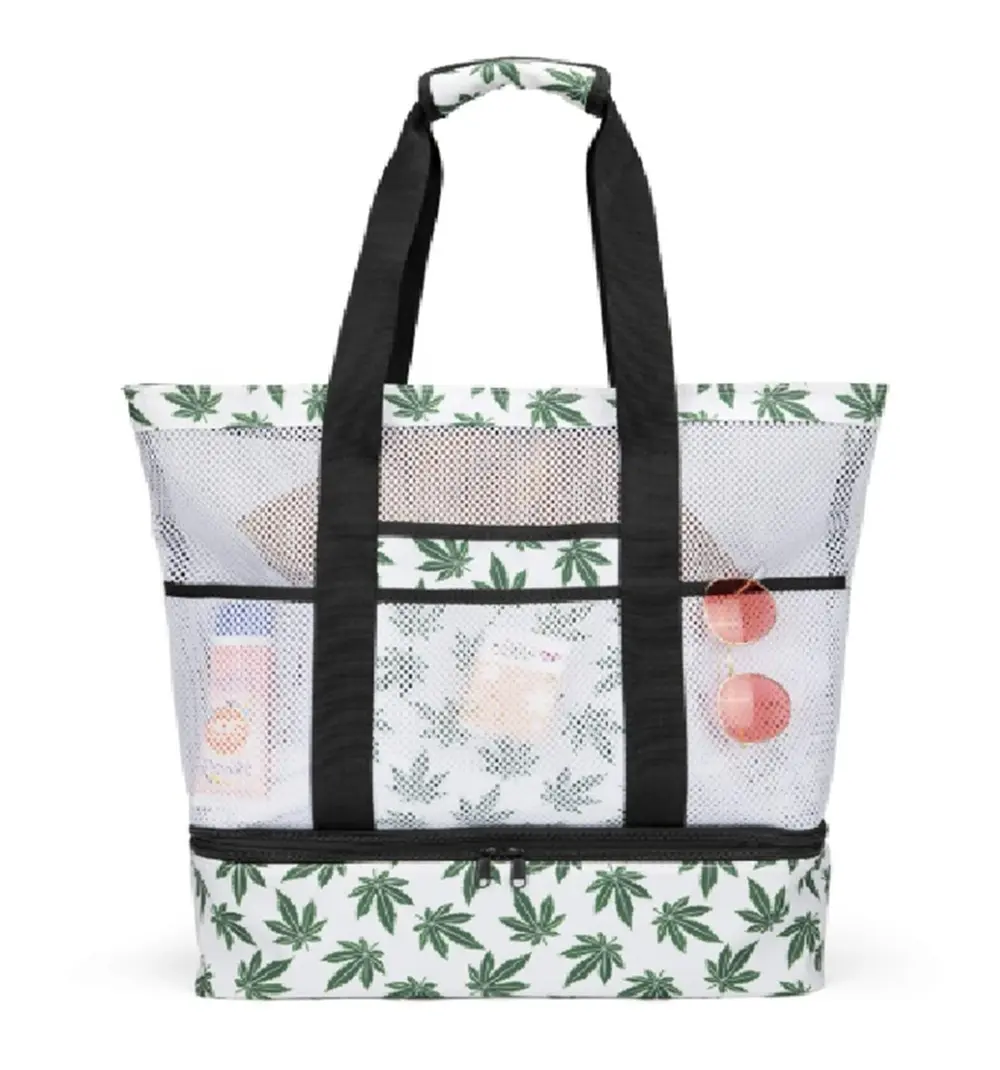 Beach Cooler Tote Bag with Insulated Base, Mesh Sand-Proof Body, Zipper Pockets & Shoulder Straps, Large Capacity 2-in-1 Beach Bag for Pool, BBQ, Camping, Picnic