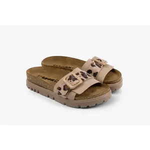 Tessa by LEON- Women’s Leather Sandal – Layered Strap Slide with Cork-style Footbed & Adjustable Buckle