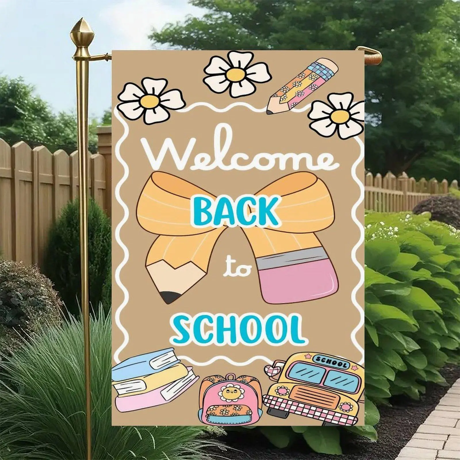 Welcome Back To School Pencil Daisy School Bus Backpack Garden Flag, Double Sided, 12 x 18 Inch, Cute Coquette Back To School Outdoor Yard Decor Flag