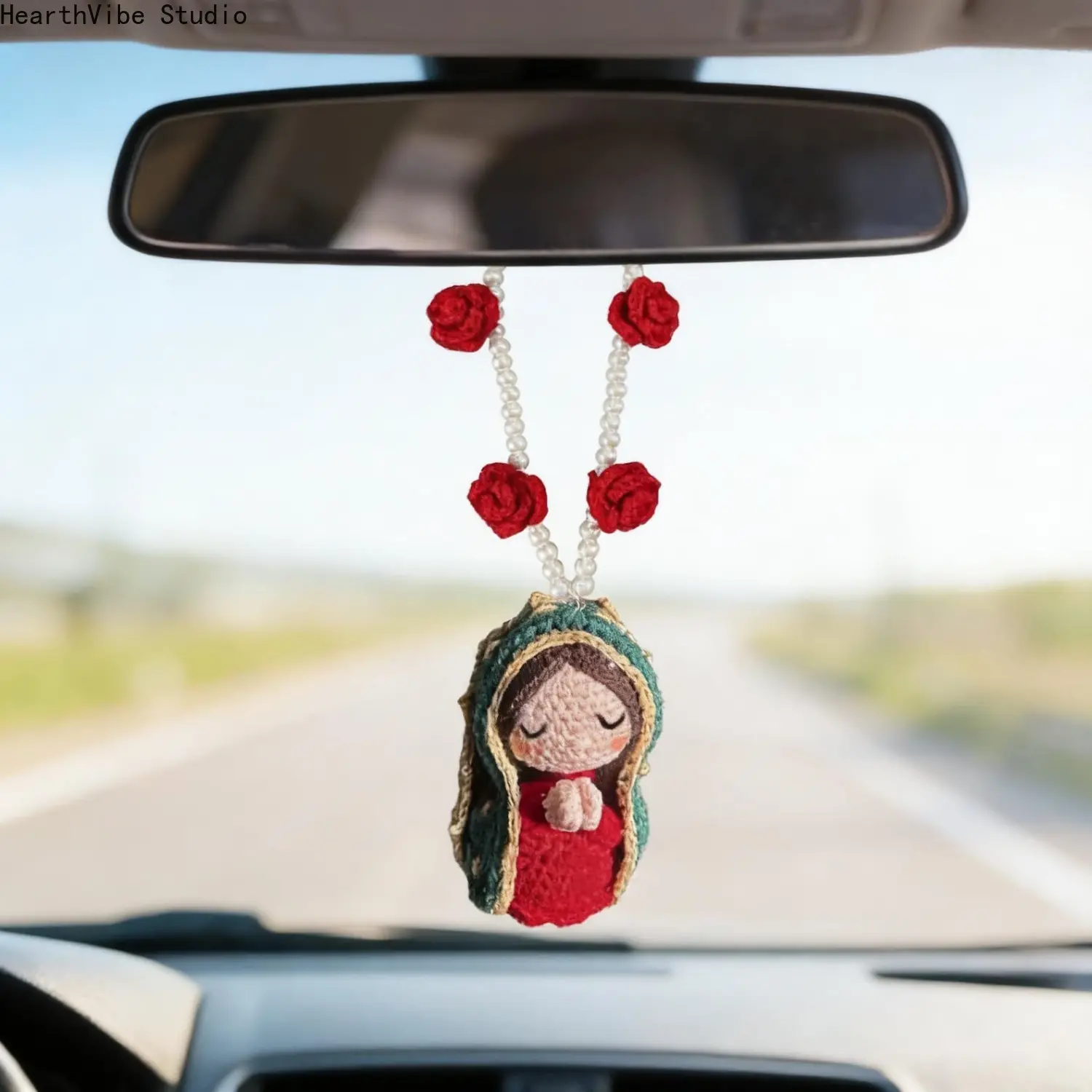 2026 Handmade Crochet Car Rearview Mirror Hanging Ornament, Cute Mary Statue Car Interior Decoration, Car Rearview Mirror Pendant, Car Accessories