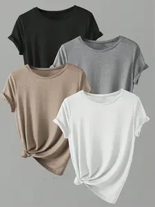 Aswulk Women's 4-Piece Set Casual Crew Neck T-Shirts with Rolled Cuffs & Versatile Office Shirts