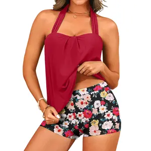 Tempt Me Women Two Piece Tankini with Shorts - Blouson Bathing Suit Halter Bandeau Top Swimsuit with Boyshorts Swimwear