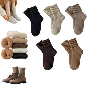 5 Pairs Womens Solid Mid Calf Socks for Fall and Winter Ladies Cozy Casual Retro Soft Comfy Warm Thick Cute Knit Crew Socks with Fleece Lining