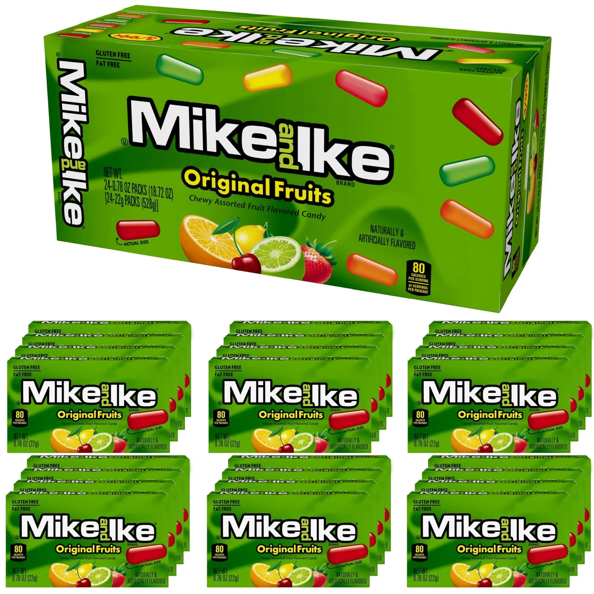 Mike and Ike Original Sweet Fruity Chewy Candy Snacks - Juice-Infused Prepackaged Round Bulk Candies, 0.78 oz Box (Pack of 24, 18.72 oz Total) for Vending Machines, Goodie Bags, Sweet Fruity Candies, Bulk Candy