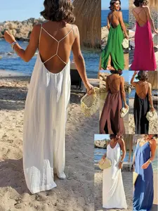 Women's Sexy Crisscross Backless Maxi Dress Loose Fit Summer Beach Vacation Boho Sundress
