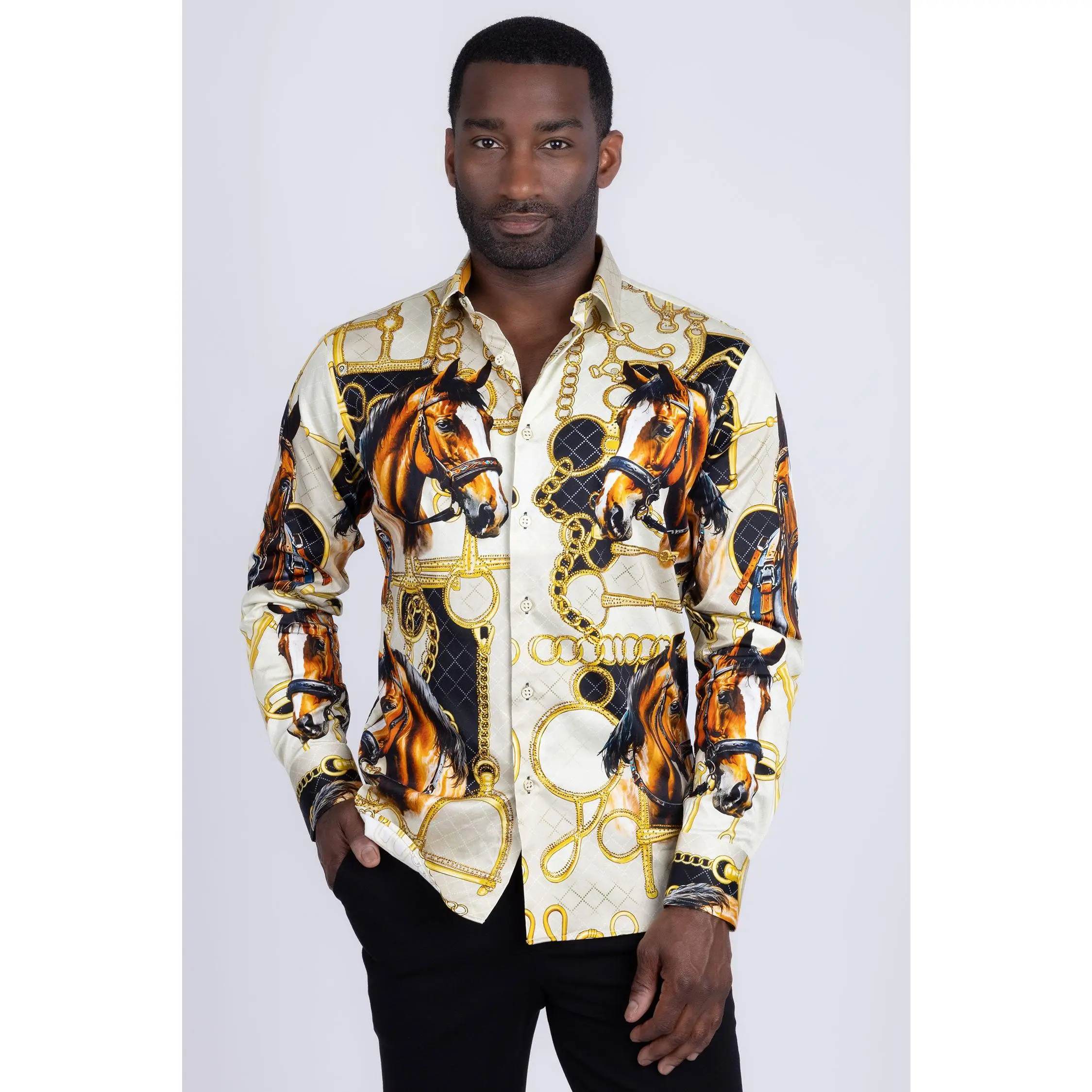 Barabas Caminito Rhinestones Men's Fitted Long Sleeve Shirt with Horse & Rings Western Pattern Premium Stretch Fabric Dry Clean Only Cotton Menswear Top Cowboy Elegant Original Spandex Classic