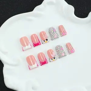 10 square handmade nail tips, Y2K, Colorful diamonds, 3D carvings, cats, hearts, pink, hand drawn design, nail art patches, Press On Nails, Handmade Reusable Nails, suitable for women's nail stickers, dating, daily wear shiny nails, including toolkits