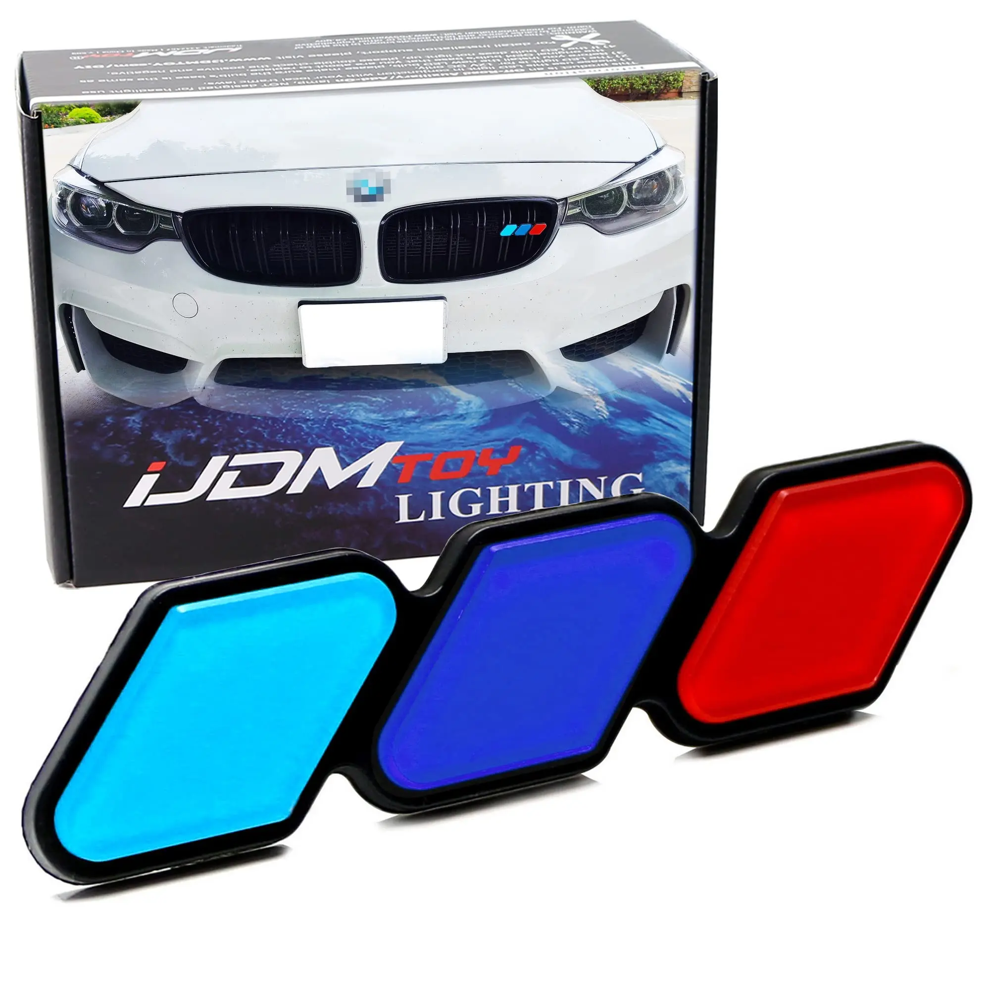 iJDMTOY M_Color Stripe Lower Grille/Hood Grill Badge Emblem w/No Removal Required Toggle Anchor Bolts, For BMW 1 2 3 4 5 6 7 8 Series X1 X2 X3 X4 X5 X6 X7 Z4 (Light/Dark Blue/Red)