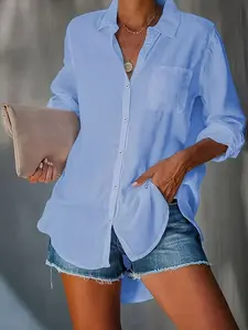 New Women's Solid Color Casual Loose Fit Button Front Shirt Blouse, Stylish Long Sleeve Top for Daily Wear, Perfect for Spring & Fall Seasons, Womenswear
