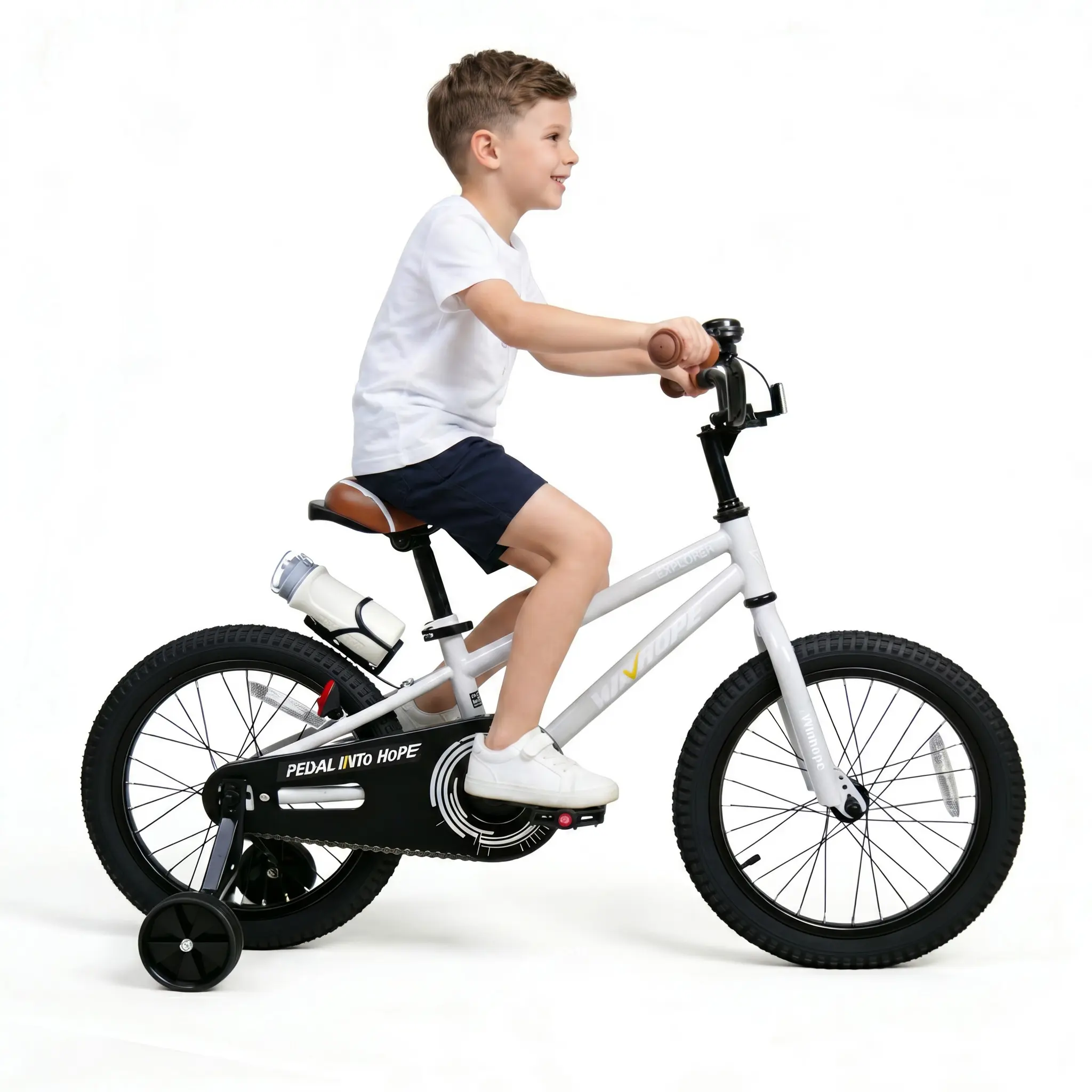 WINHOPE Explorer Unisex Kids Bikes - 12-18 in Beginner-Friendly Bikes for 2-9 Age Group, with Training Wheels, Water Bottle Holder, Adjustable Parts, 95% Preassembled, Safe Materials, Accessories, Outdoor Adventures Ride-On Toy, Children