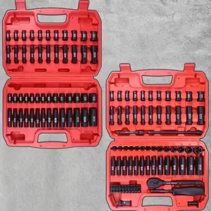 50Pc 1/4" Impact Socket Set Shallow Deep Sockets Full SAE Metric 4-15mm Chrome Vanadium Steel Black Phosphate Finish Auto Repair Tool Kit