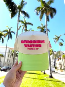 Day Drinking Weather Lime Green Trucker Hat with Spicy Marg Please Bill and Side Detail Beachside Bar Style