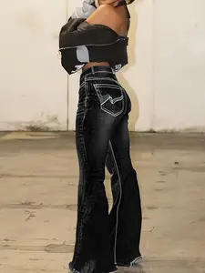 【Plus Size】 Embroidery Pocket Flare Leg Stretchy Jeans, Casual Comfy Retro Style Bell Bottom Trousers for Daily Wear, Women's Bottoms for All Seasons