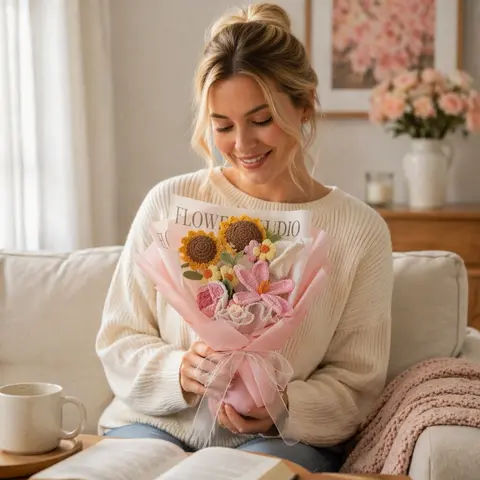 Hand-Crafted Cotton Yarn Crochet Decorative Artificial Bouquet - 7 Pieces Hand-Woven Sunflowers, Tulips, Roses, Calla Lilies, 5-Hour Handmade, 13.38'' / 34Cm, Never-Wilt Home/Office Decor, Gifts for Women (Mom Birthday)