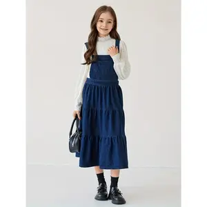 Girls' Non-Stretch Denim Skirt - Mid-Length Flared A-Line Dress with Adjustable Waist Tie, All-Season Casual Outfit for Everyday & Formal Events, Machine Washable Non-stretch Fabric, Denim Skirt For Girls, Versatile Clothing, Playful Design
