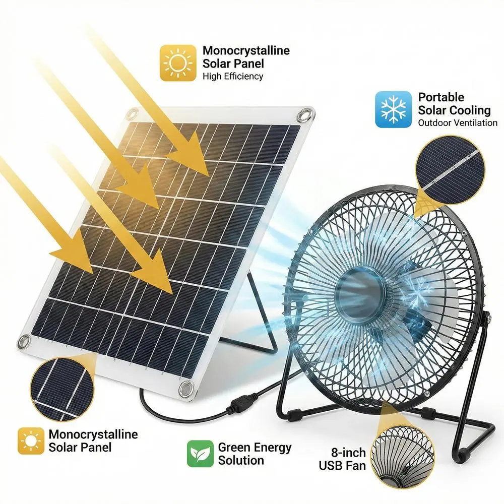 【SUMMER SALE】8-Inch Energy Efficient Solar Ventilation Fan, Install-Free, 15W IP65 Monocrystalline Solar Panel, Dual Power, Cloudy Day Mode, USB Compatibility, for Greenhouse & Outdoor Spaces, Rechargeable, Chicken Coop