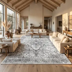 YIHOUSE Boho Style Decorative Area Rug - Washable Vintage Flat Weave, Non-Slip Low-Pile Soft Carpet for Living Room, Bedroom, Bohemian Vibe Home Accessory