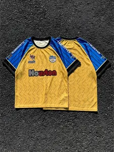 "Men's Yellow Blue Houston Graphic Retro Racing Jersey | Oversized Short Sleeve Streetwear Athletic Shirt for Summer"