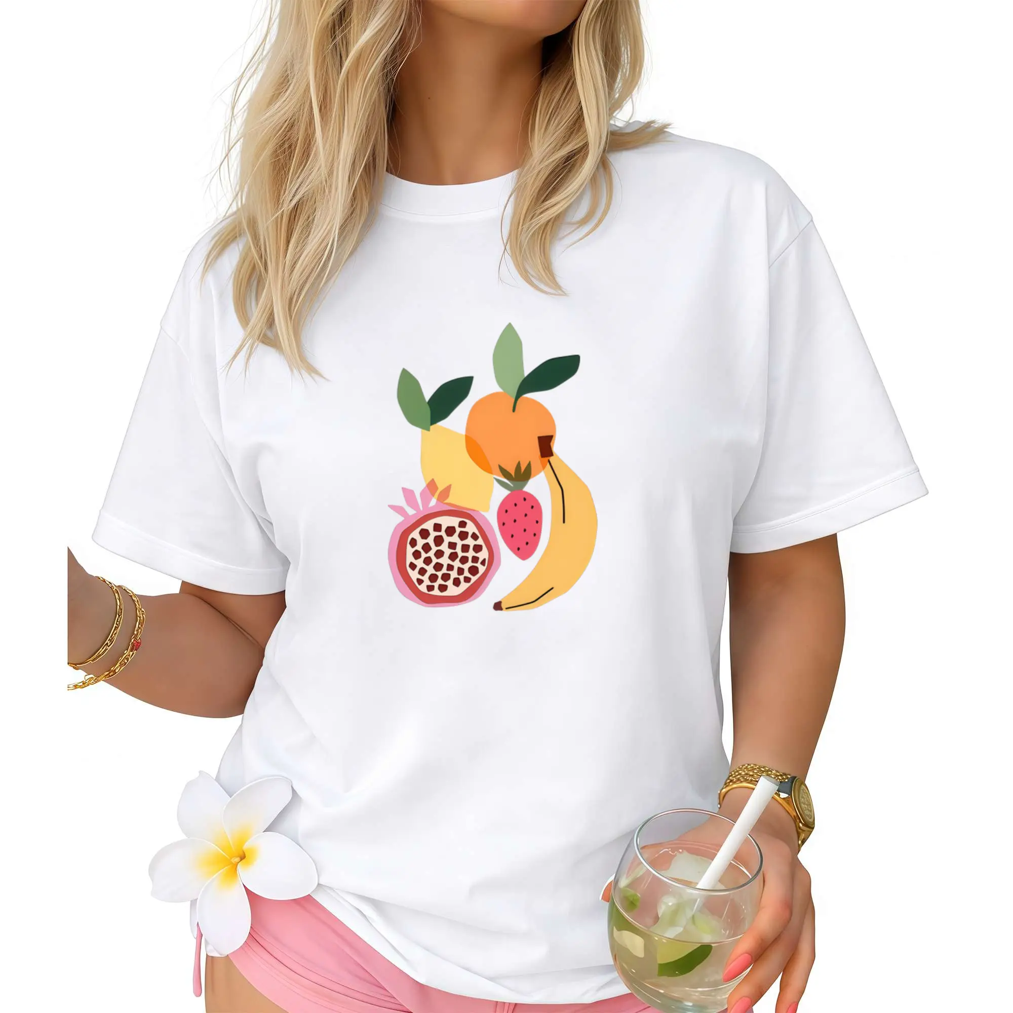 Women's & Unisex Soft Breathable T-Shirt - Summer Fruit Party Print with Strawberry Blueberry Lemon Watermelon Design, Lightweight Short Sleeve Round Neck Casual Tee for Beach, Picnic, BBQ - Machine Washable Spring Summer Outfits