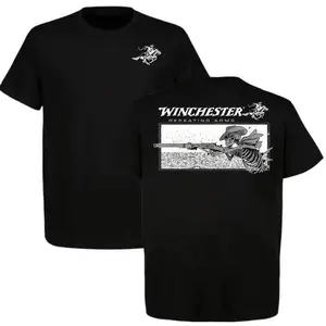 Winchester Repeating Arms T-Shirt – Skeleton Cowboy Graphic Tee, White Cotton Menswear, Vintage Western Hunting Shirt, Perfect Gift for Gun & Cowboy Fans.