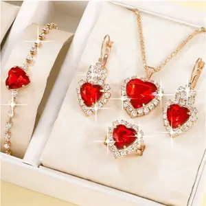 18k gold plated necklace, earrings, ring and bracelet set with solid heart-shaped Cubic Zirconia stones for women to attend parties and engagements