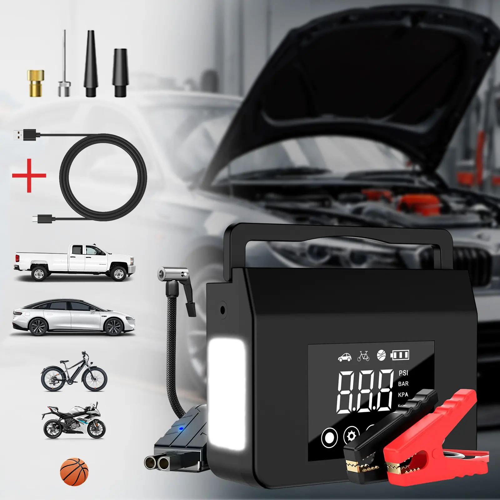 HiEHA Tire Inflator Portable Air Compressor | Built-in Battery, Digital Pressure Gauge, LED Light, Auto Shut-Off, Air Pump for Car, Bicycle, Ball & Inflatables