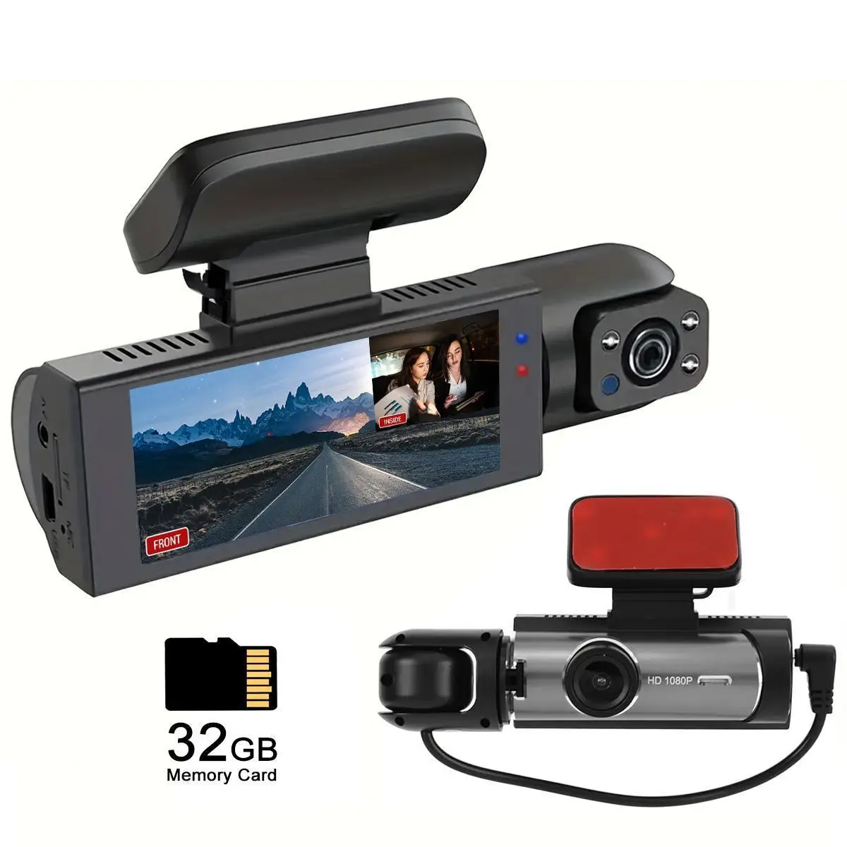 1080P Dual Lens Dash Camera, Front and Inside Dash Cam with 32GB Memory Card, G Sensor, HD Night Vision, Loop Recording, Wide Angle Car DVR