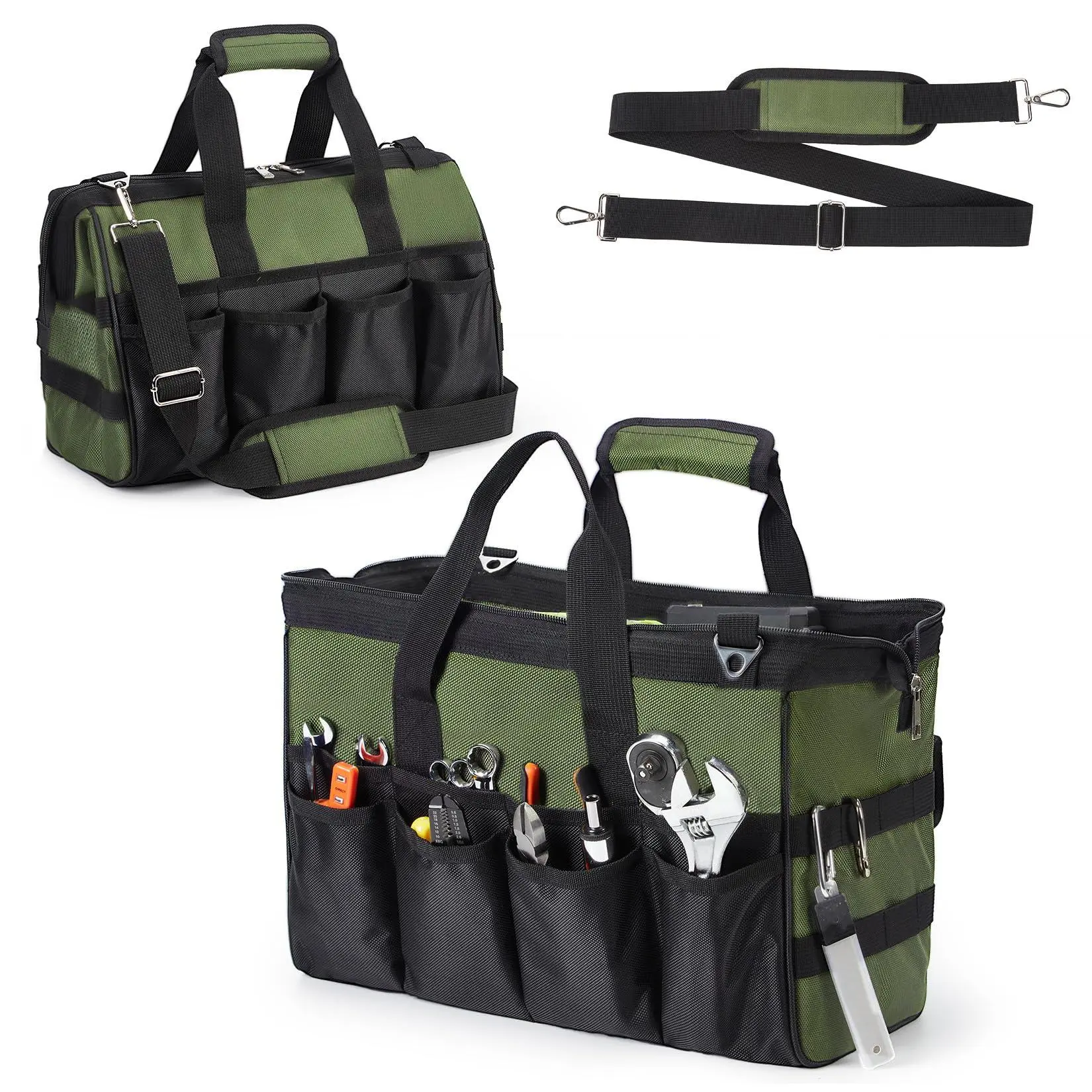Green Heavy Duty 18 Inch Tool Bag with 16 Pockets, Large Oxford Tool Organizer for Men, Empty Tool Storage Tote Bag for Dad Husband, Birthday Gift for Him, Electrician Carpenter Mechanic Portable Tool Pouch