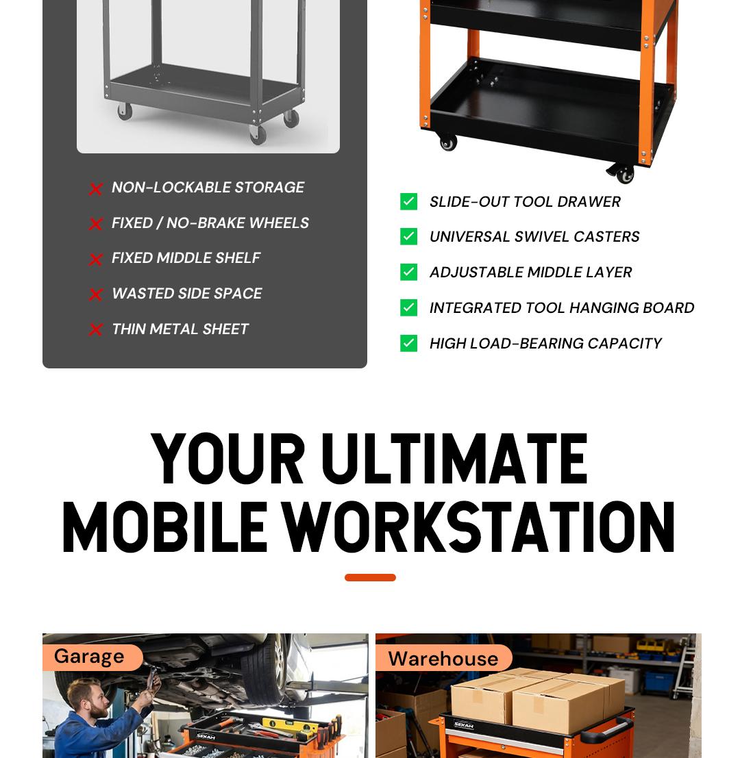 Sekam 330 LBS Capacity 3 Tier Rolling ToolCart -Heavy Duty Utility Organizer withWheels,Storage Drawer, and Industrial-Grade Design