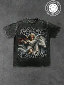Unisex Loose Fit Washed Eye Cover Angel Riding Print T-Shirt, Mixed Emotion Rhinestone Font 100% Cotton Vintage Streetwear Top