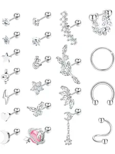 Dazzling 21 Pcs Silvery Diverse Ear Studs Hoops Cartilage 316 Stainless Steel Earring Set for Women Men Shining CZ Butterfly Flower Snake Heart Star Moon Lightning Stud Hinged Hoop Earrings Horseshoe Curved Dangle Cartilage Helix Conch Piercing Jewelry