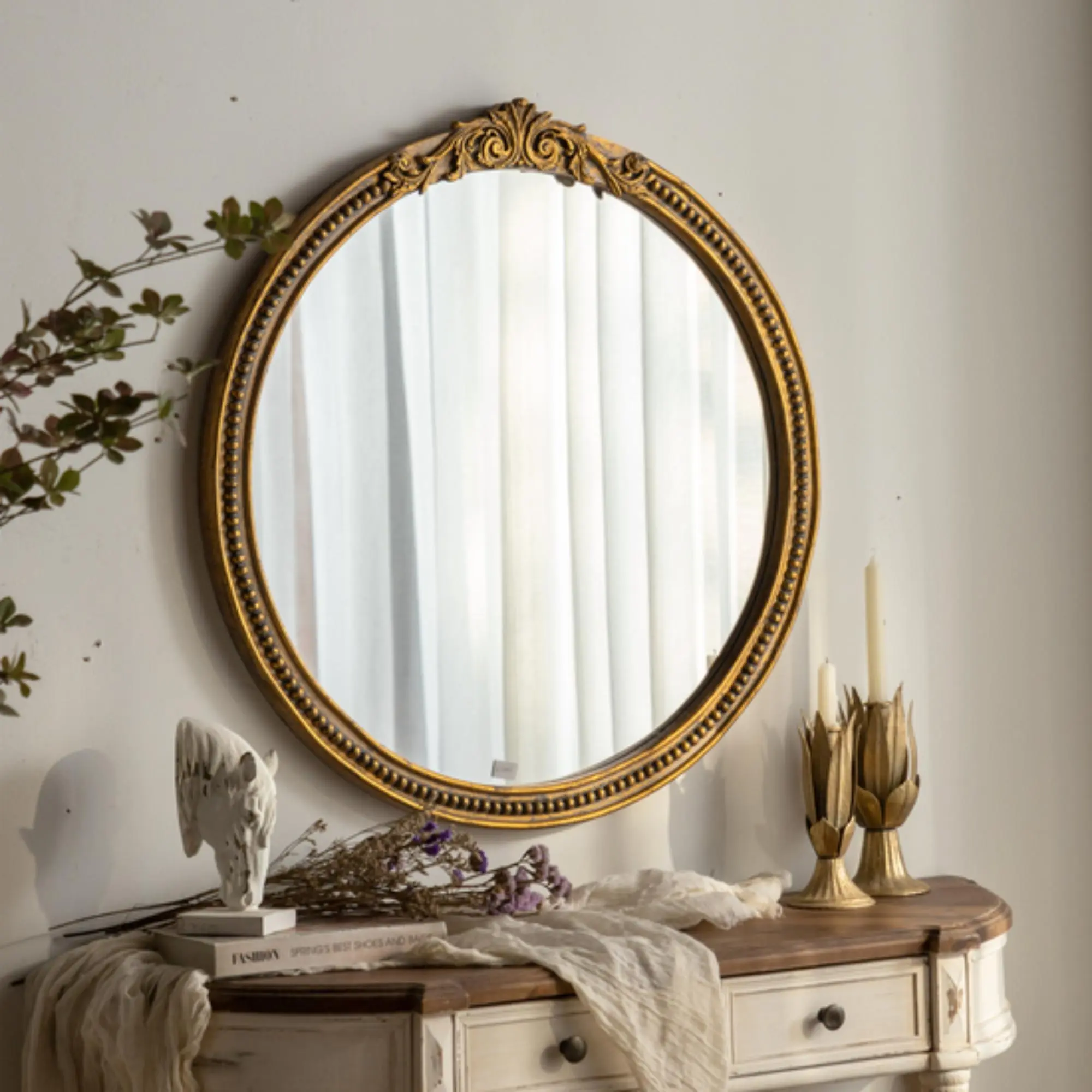 ZIYOO Vintage Wooden Decorative Home Decor Mirror - 32.7x31.5 in Wall Mount, Easy-Installation Solid Wood Frame Glass Mirror for Living Room, Bedroom
