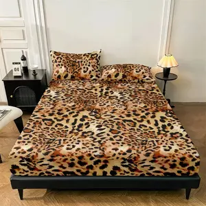 3-Piece Leopard Print Bedding Set, All-Season Mattress Protector, Soft Breathable Deep Pocket Sheet & Pillowcases, Bedroom Decor