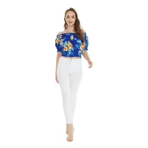 Women's Off-Shoulder Smocked Top in Hibiscus Blue