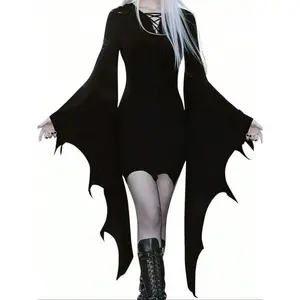 Women's Gothic Plain Long Sleeve Dress, V Neck Batwing Wrap Dress, Slim Fit Halloween Costume, Dark Style Party