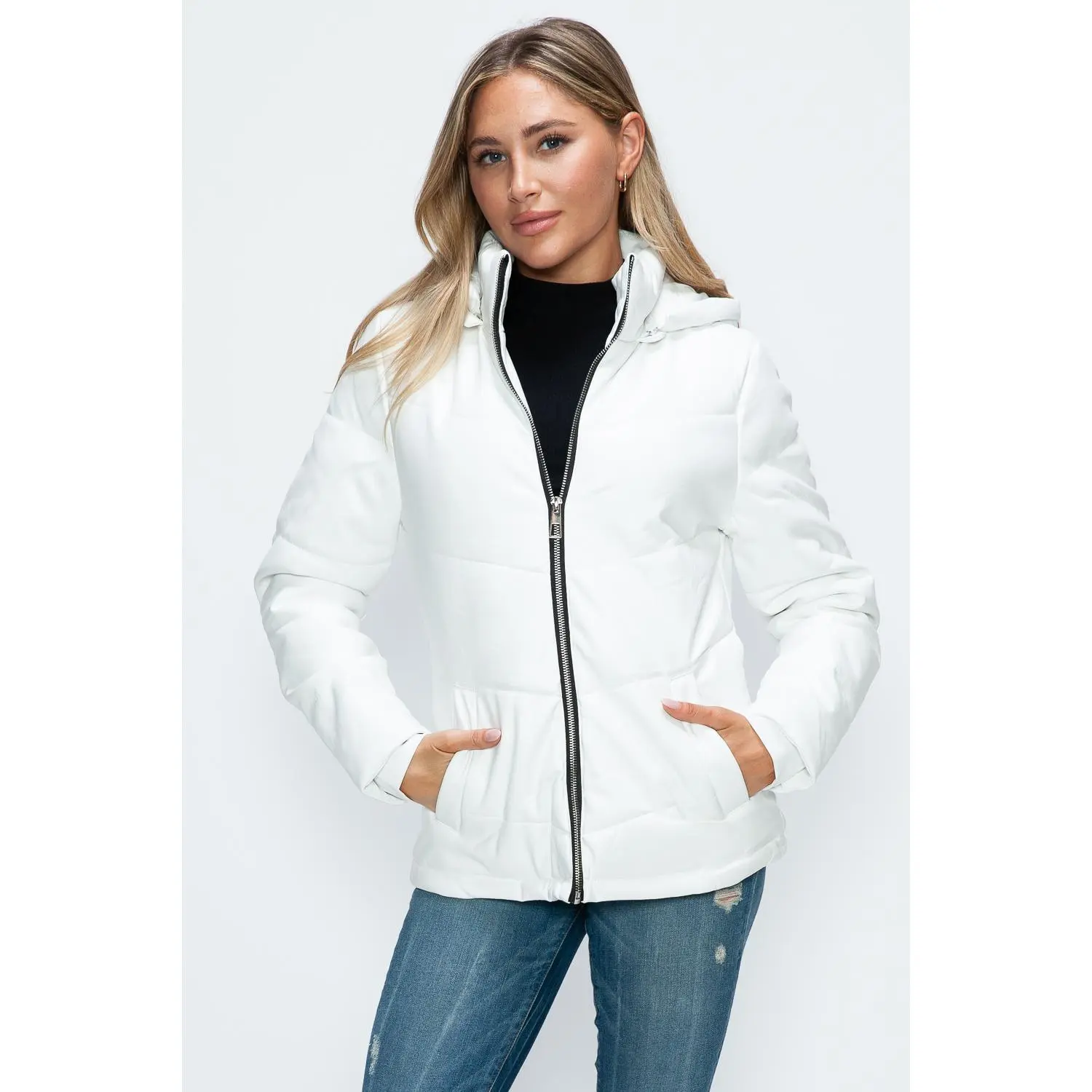 How Dare U Pocketed Zip Up Puffer Jacket with Removable Hood