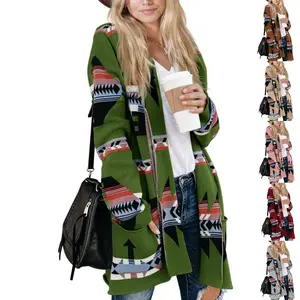 Lannew Women Boho Cardigan Aztec Open Front Long Sleeve Shawl Collar Sweater Coat