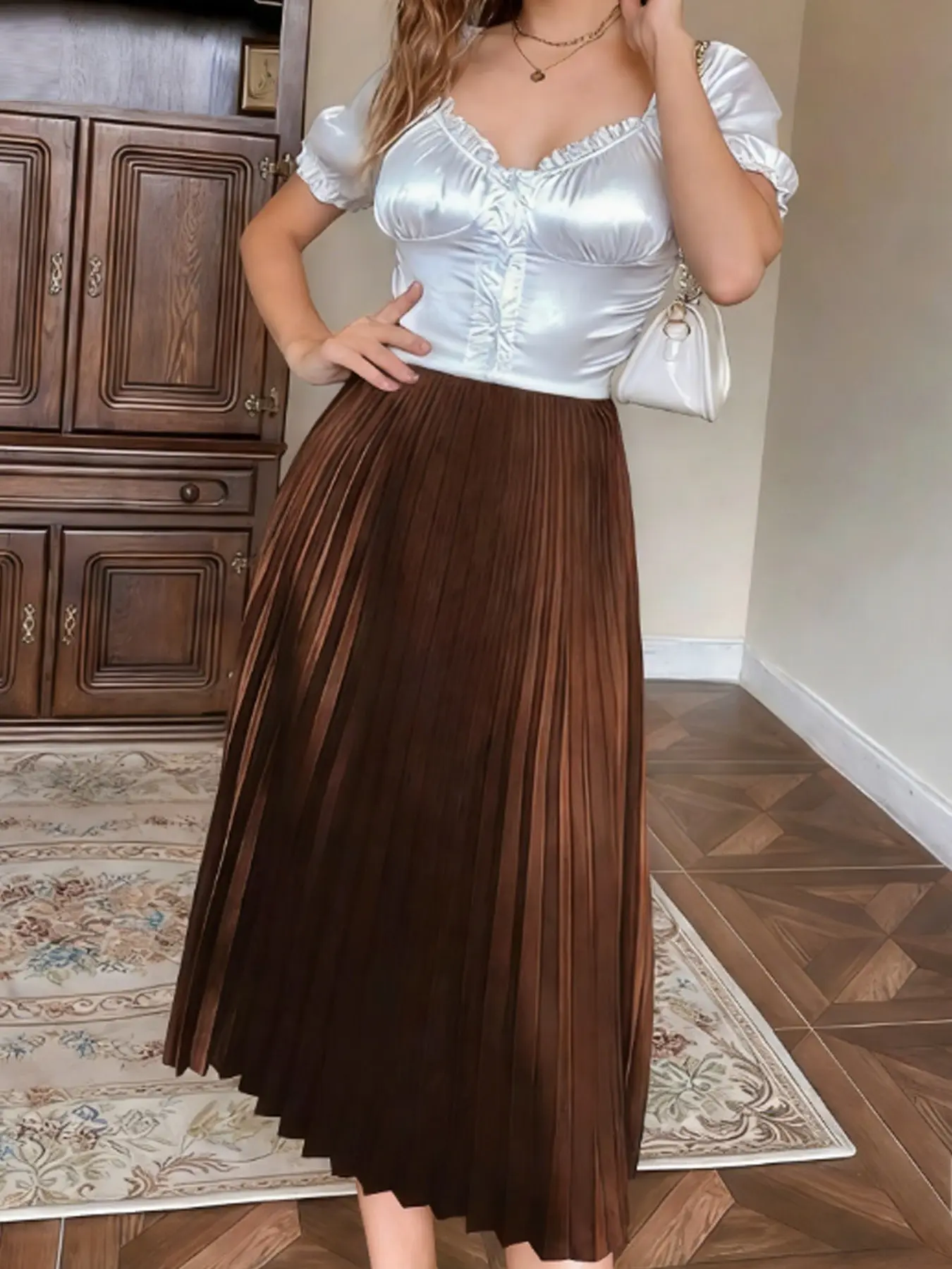 Women's Skirt Midi Satin Solid Pleated Skirt Spring Summer 2026 Elegant Minimalist Style Brown Beige High Waist Skirts For Women Streetwear Looks & Fashion Reels skirts High Waisted Skirts