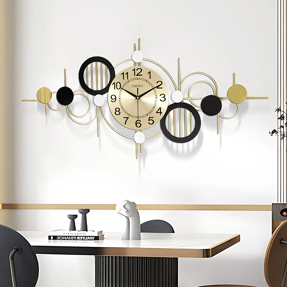 35.5x16.6inch Large Modern Wall Clocck, Metal Wall Clock Decorative 3D Metal Wall Art Clock, Silent Non Ticking,Battery Operated Oversized Round Modern Wall Clock for Bedroom,Farmhouse,Office Wall Decor