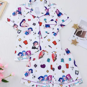 Summer Girls KPOP Idol Print Short Sleeve Shorts Set Lapel Button Side Pocket Crinkled Bubble Fabric Soft Skin friendly Kids Outfit Loose Fit Comfy Sleep Lounge Set for KPOP Fans