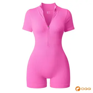 OQQ-Nine cents Women Yoga Rompers Workout Ribbed Short Sleeve Zip Front Exercise Rompers