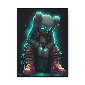KAWS Inspired Canvas Art Print  Urban Neon Graffiti Style Wall Decor, Sitting Sad Character, Modern Home Art, Gift for Gamers