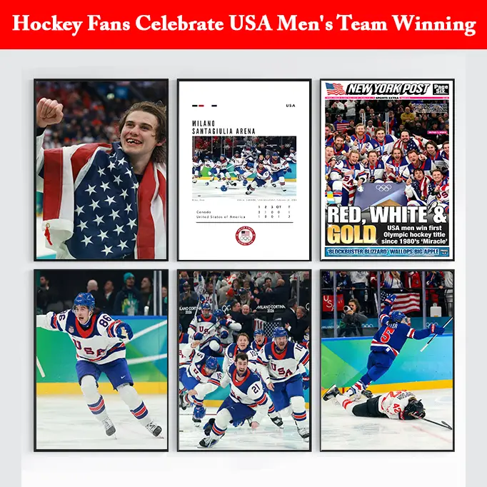 America Hockey Champions Gold Medal Poster, USA Ice Hockey Victory Artwork, Down But Never Out Inspirational Print, Sports Wall Decor for Men, Champion Collection Gift Idea.