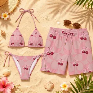 Cherry Print Couples Matching Swimwear Set – Pink Triangle String Bikini & Men's Board Shorts, Cute Aesthetic Beach Outfit, Summer Vacation Pool Party Honeymoon Gift