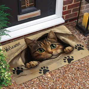 Cute Cat Welcome Mat Diatomaceous Earth Bath Mat Super Absorbent Quick Dry Non Slip Doormat for Front Door Kitchen Bathroom Entrance 3D Visual Kitten Design Home Decor Rug Housewarming Gift