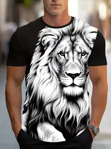 Men's Fashion Casual Lion Digital Print Short Sleeve T-Shirt, Comfortable Versatile, Minimalist Style, All Seasons
